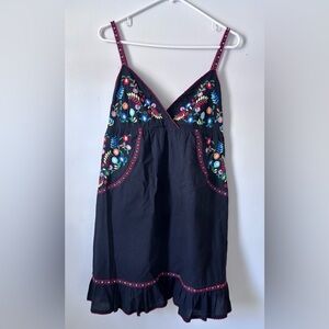 Hazel Large Black Dress Boho Embroidery Spaghetti Straps Knee Length